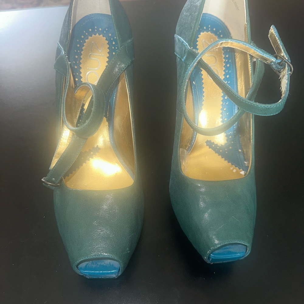 Zinc Blue and Green Heels with Ankle Strap